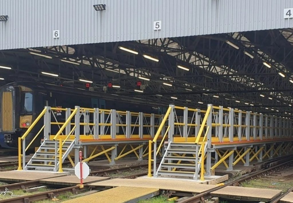 Steps on GRP walkway for rail maintenance Platform